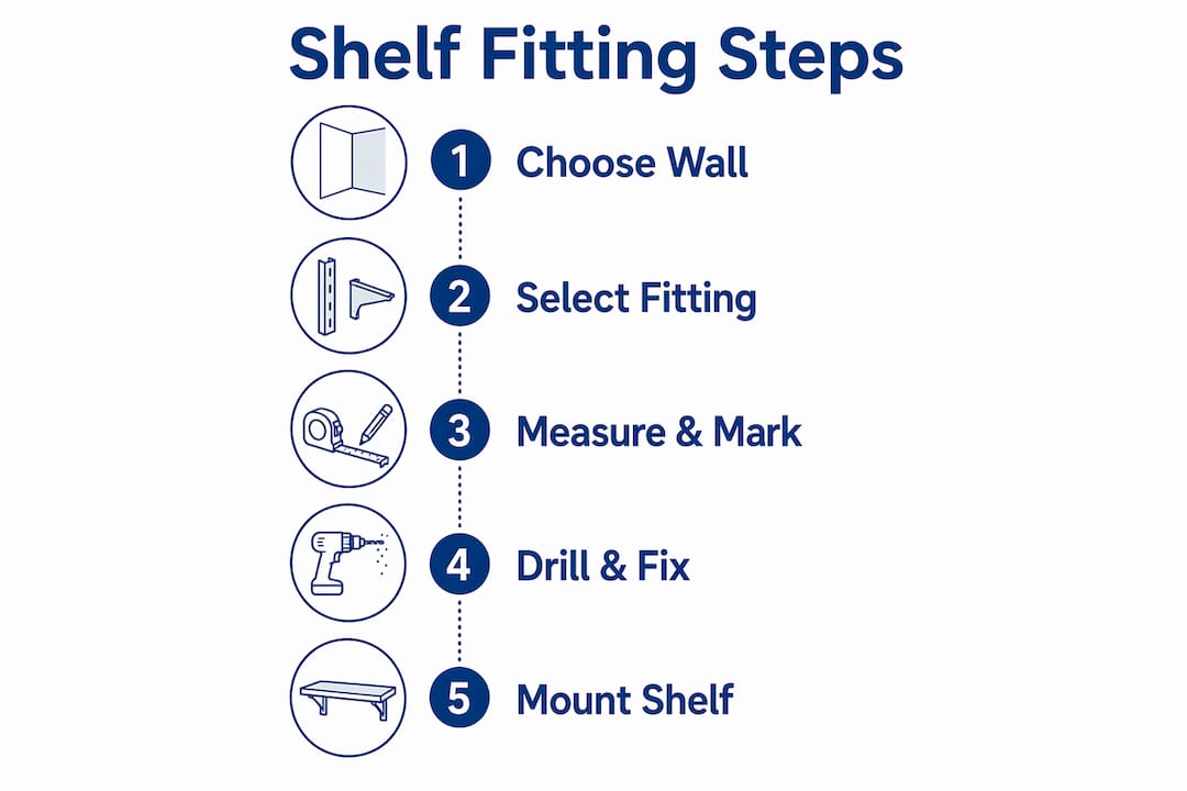 Infographic showing five steps to fit bathroom shelves