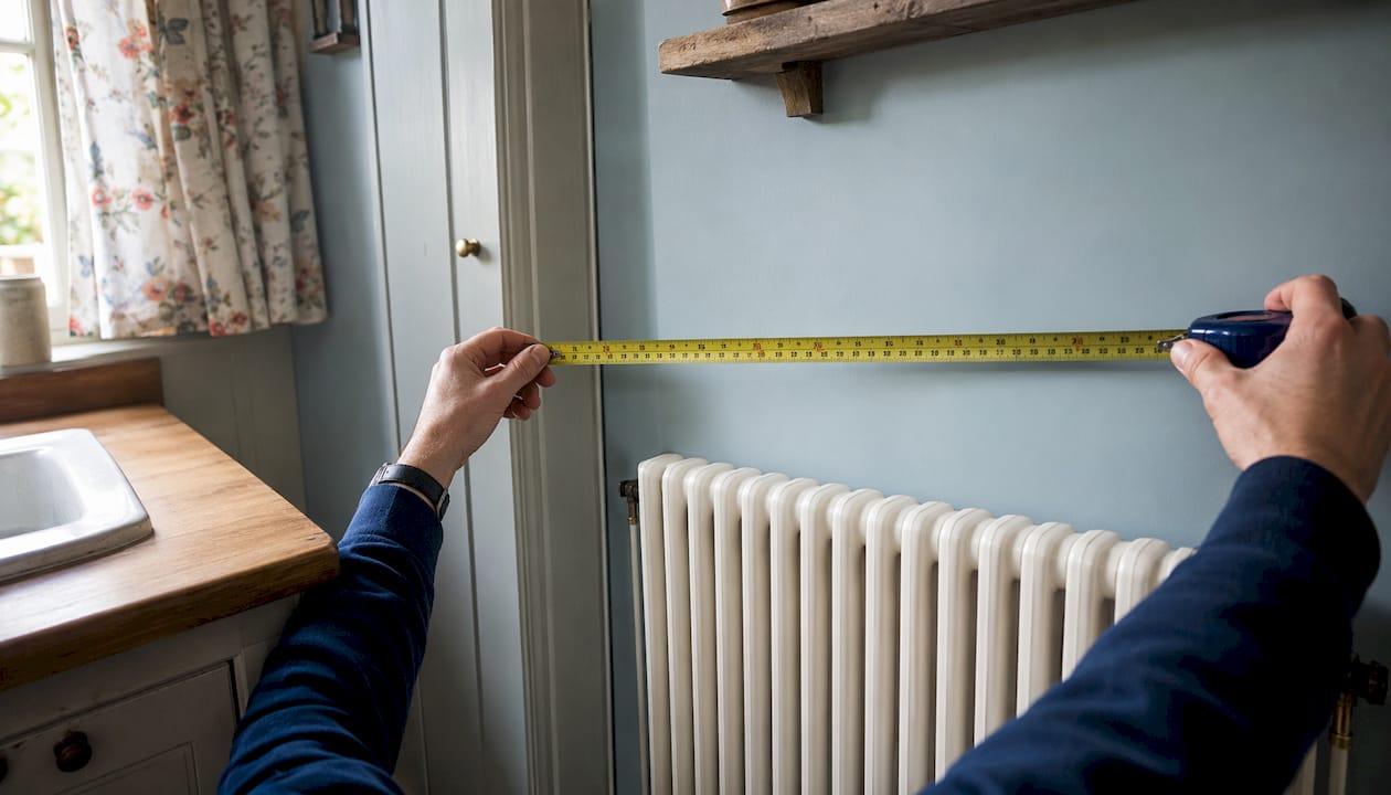 Hands measuring room size near radiator