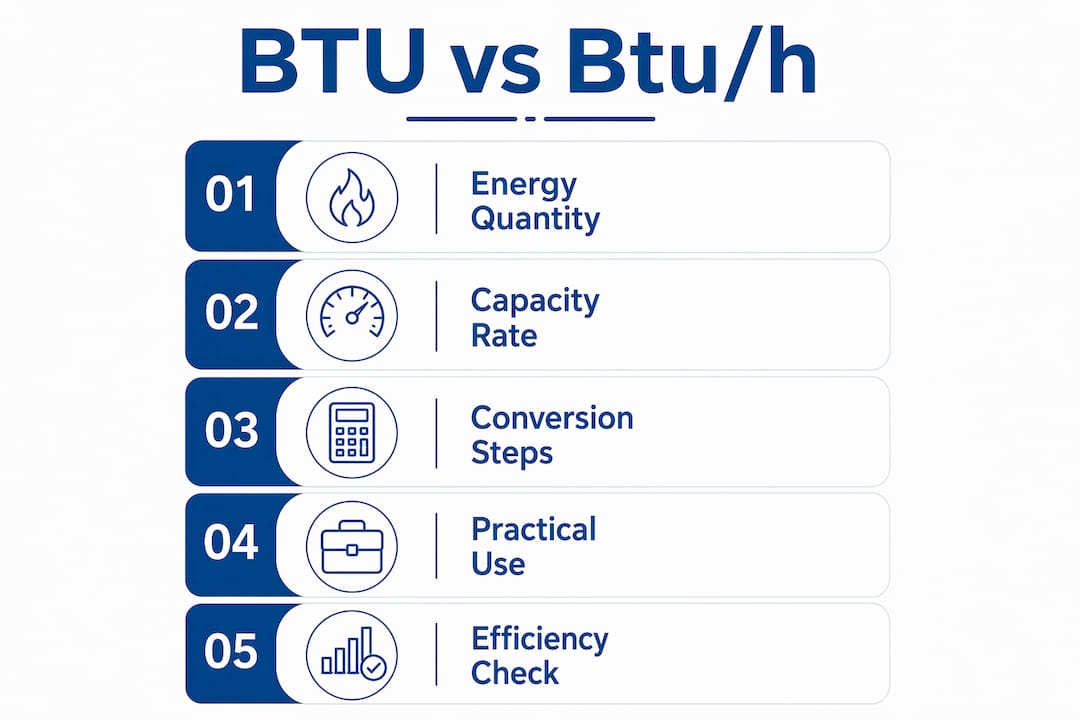 Infographic comparing BTU and Btu per hour concepts