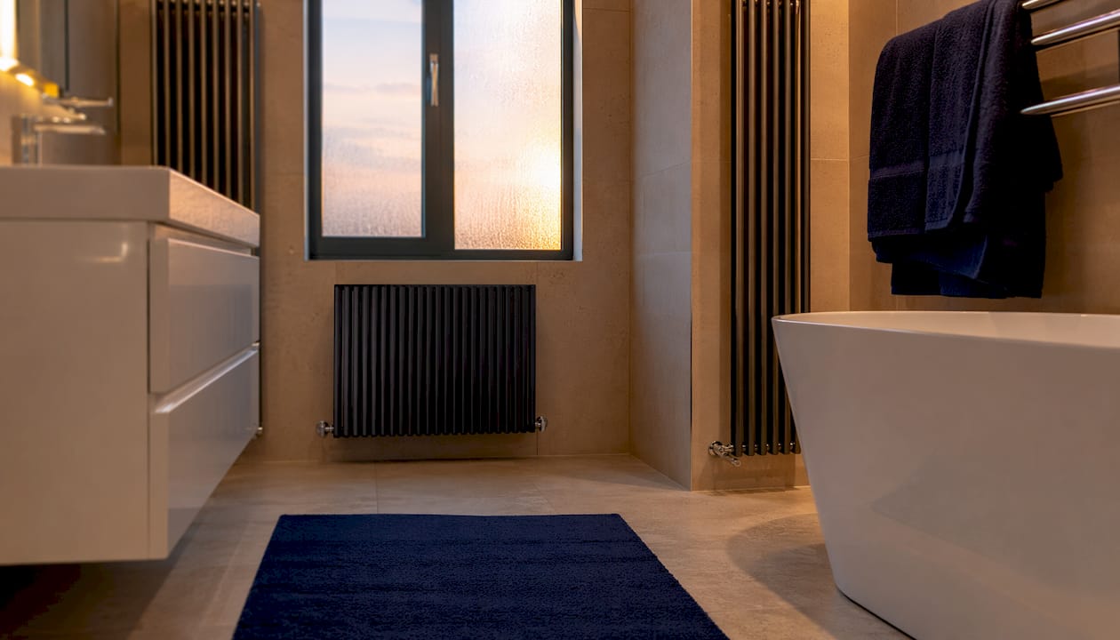 Overhead view of bathroom with varied radiator placements