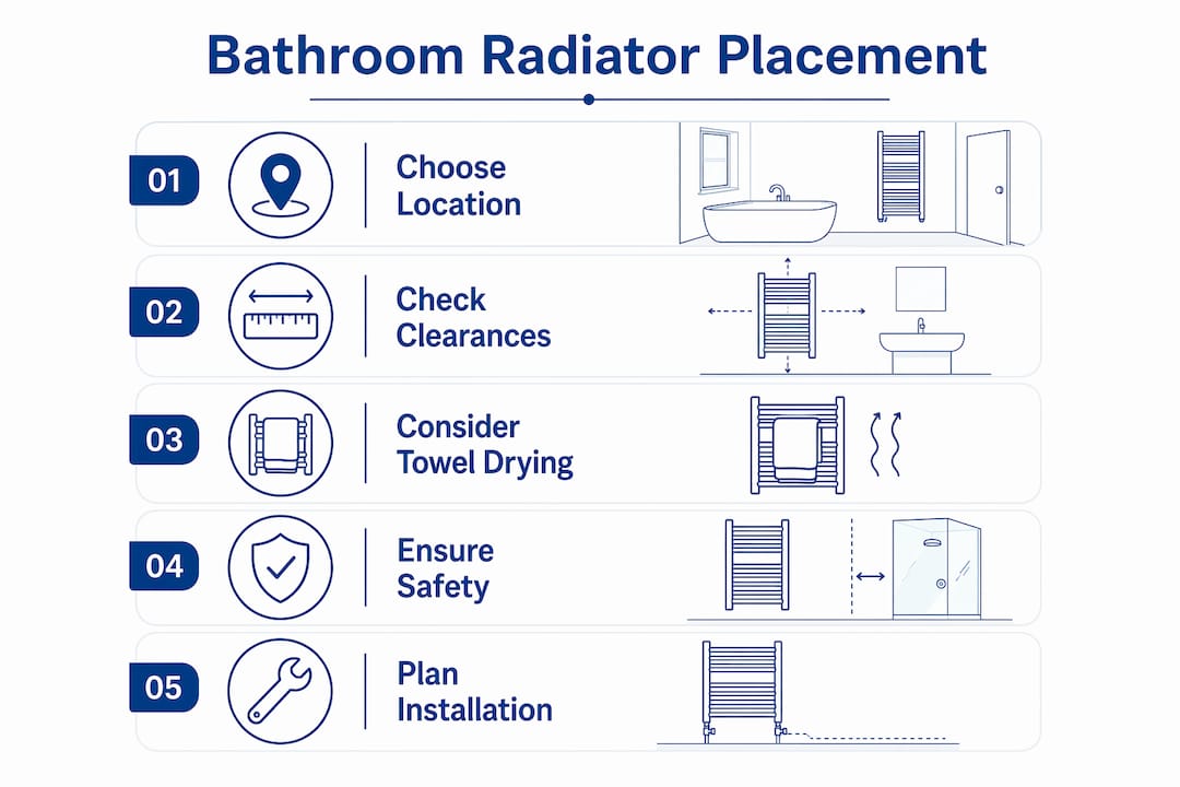 Infographic showing bathroom radiator placement steps