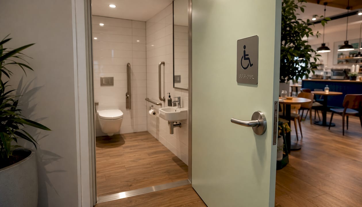 Accessible washroom entrance with outward opening door