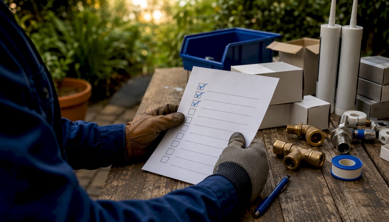 Hands holding bathroom checklist near trade van workbench
