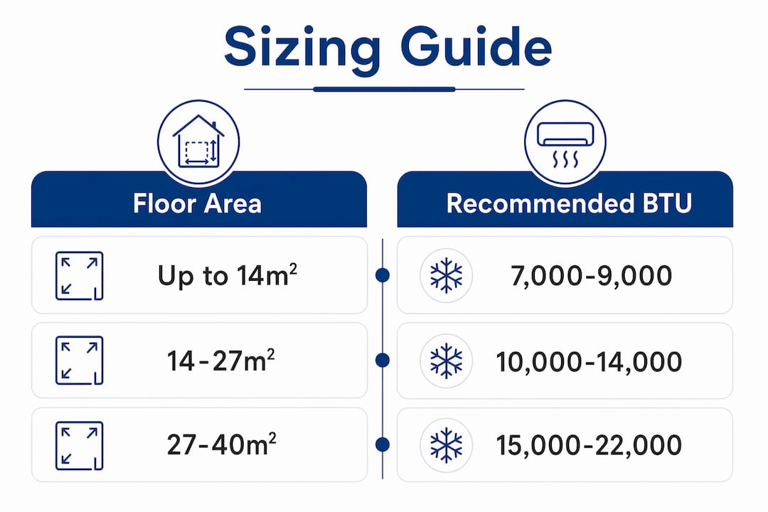 Infographic comparing floor area to portable AC BTU sizing