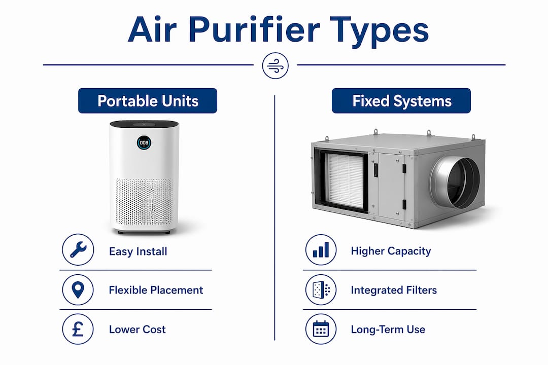 Infographic comparing portable and fixed air purifiers