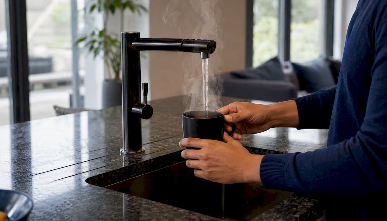Close-up pouring boiling water from tap into mug