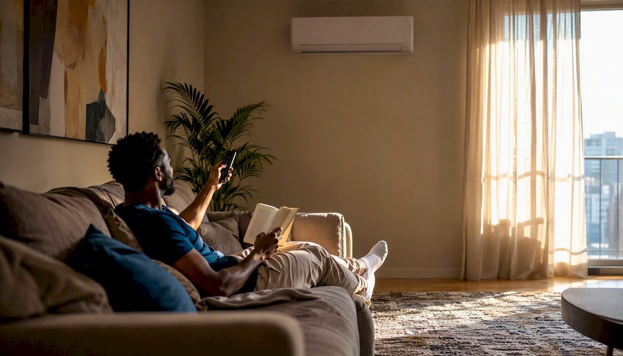 Young man controlling inverter air conditioner in living room