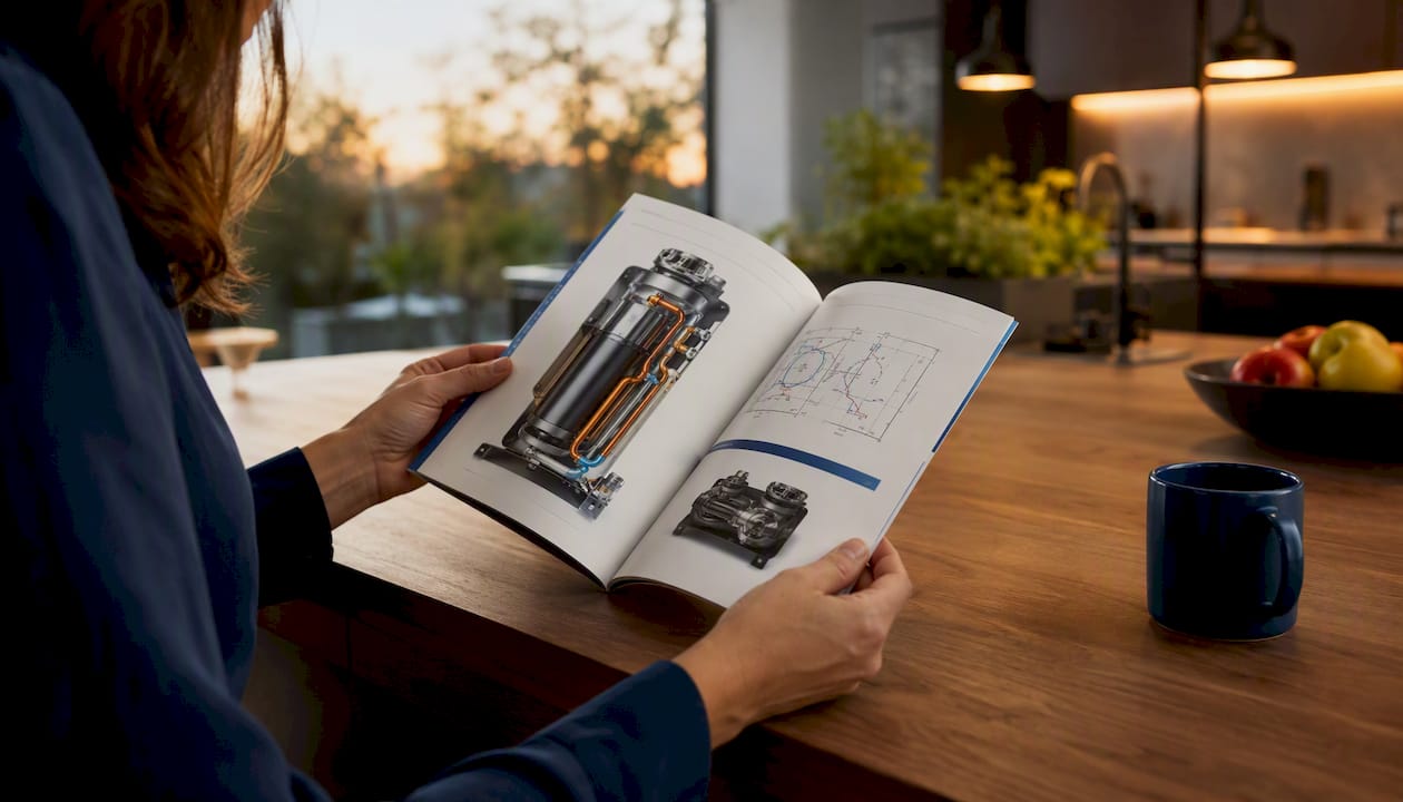 Hands holding inverter compressor booklet in living room