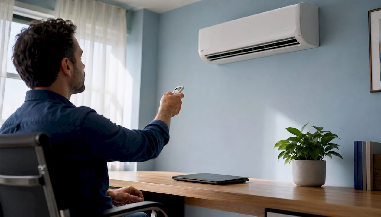 Man adjusting split system air conditioner remote