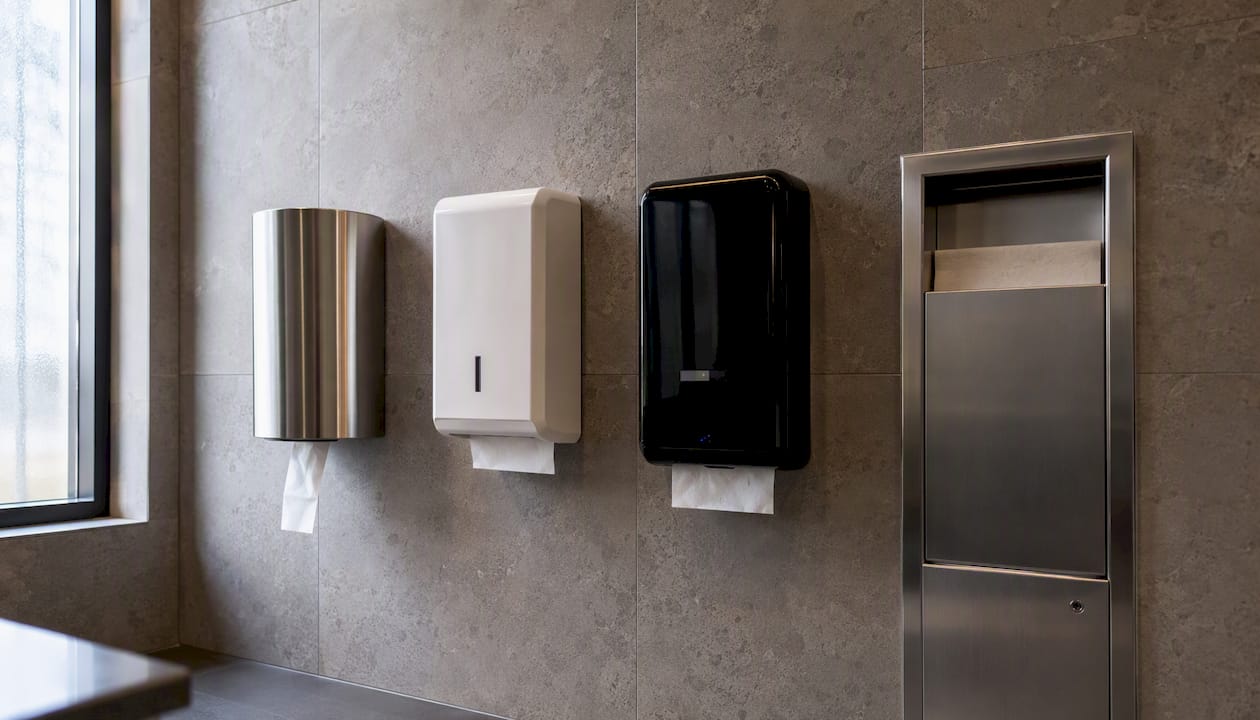 Various commercial towel dispensers mounted on wall