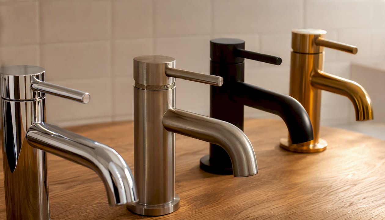 Close-up of bathroom tap finish textures