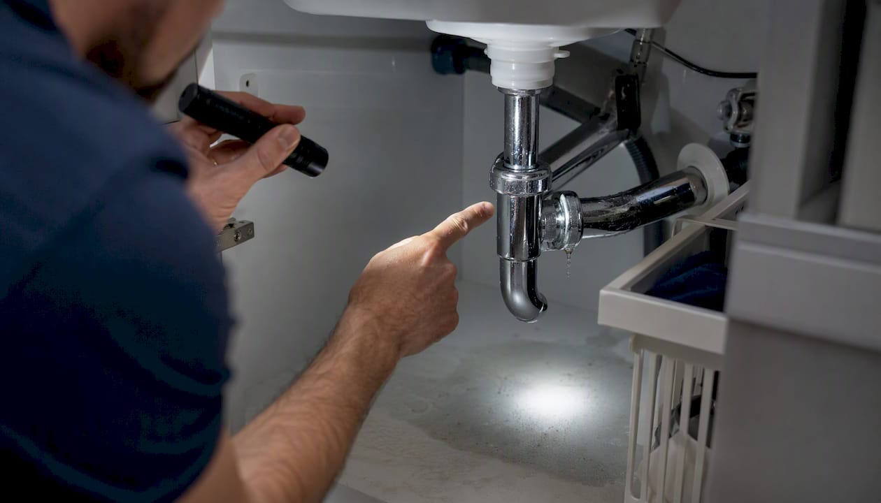 Hand inspecting wet plumbing for leak under kitchen sink