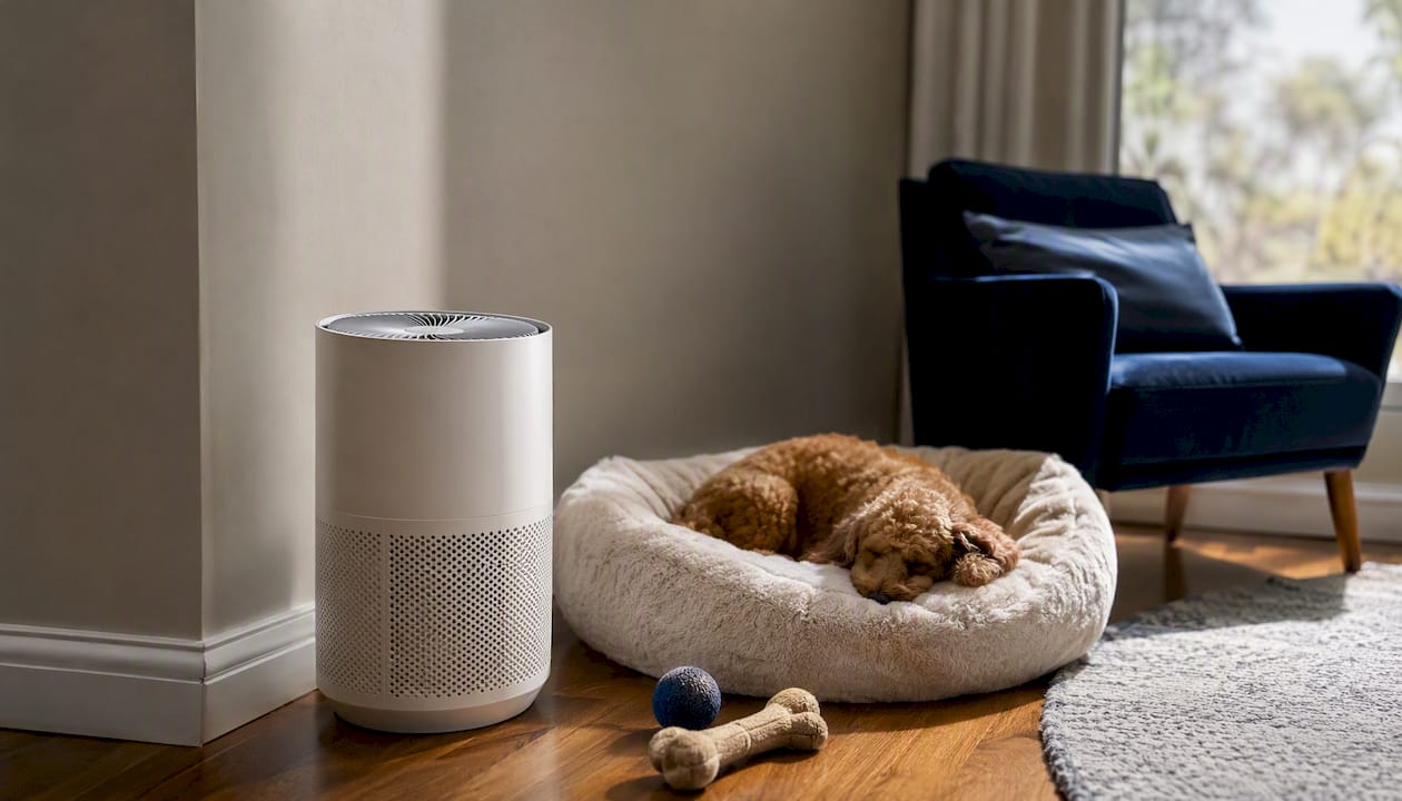 Air purifier floor-level near pet bed with clearance