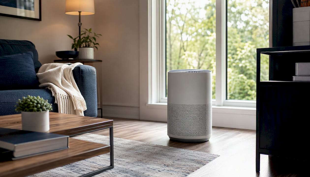 Air purifier centrally placed near living room seating