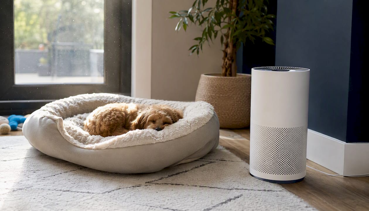 Air purifier near pet bed in UK home