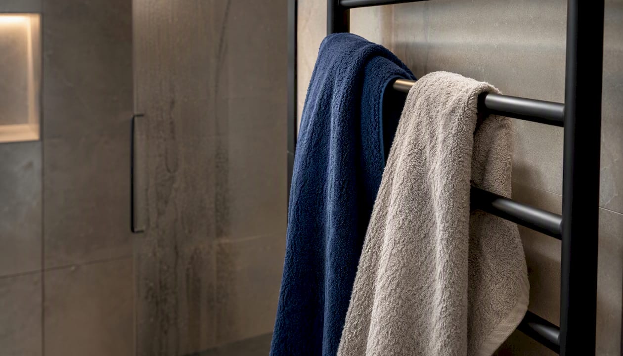 Two towels rotating on heated towel rail