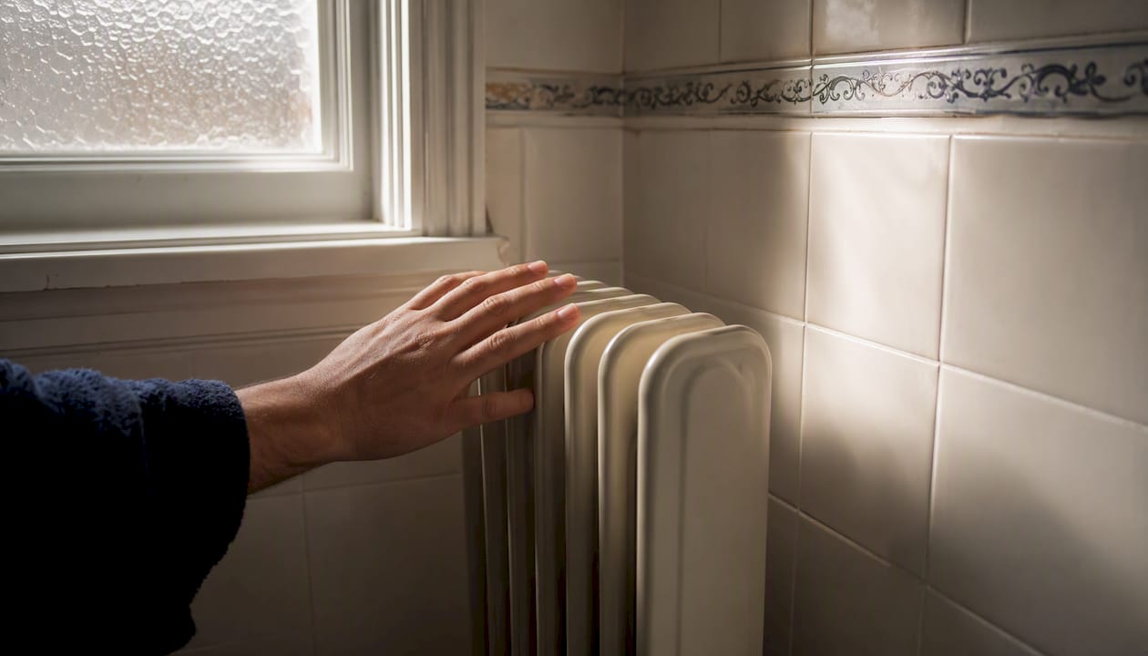 Hand feeling warm radiator column surface