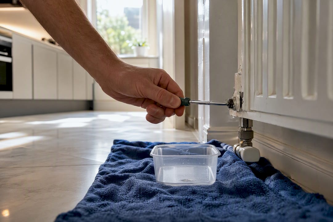 Hand using screwdriver on radiator valve