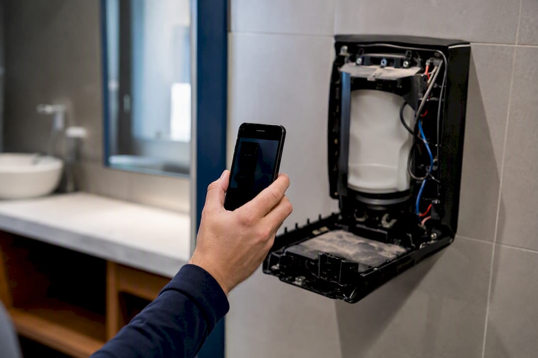 Technician photographing hand dryer interior