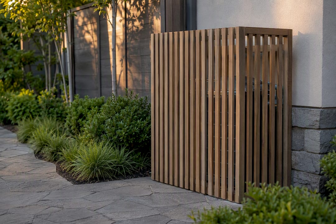 Air conditioning unit behind wooden slat screen
