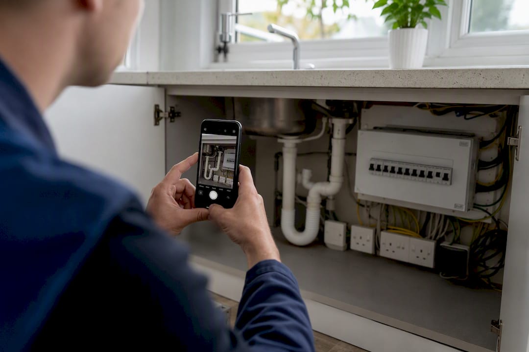 Hands photographing electrical fuse board under sink