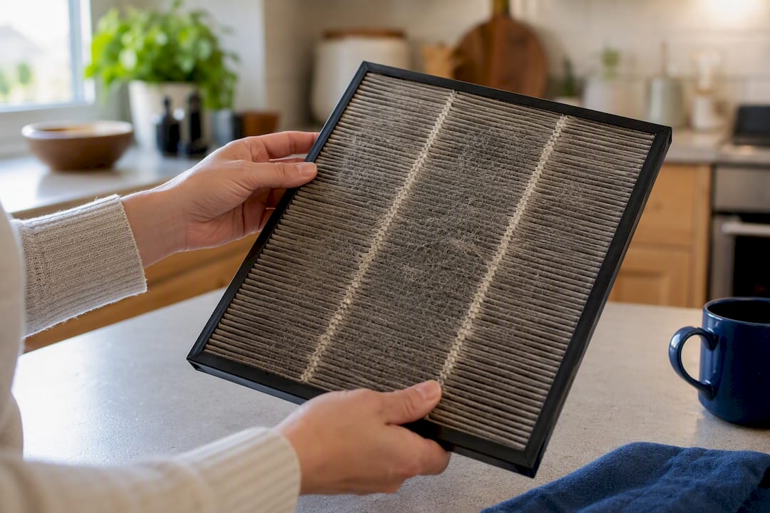 Close-up of used air purifier filter condition