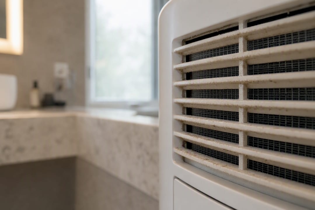 Close-up dirty air purifier vent with dust buildup