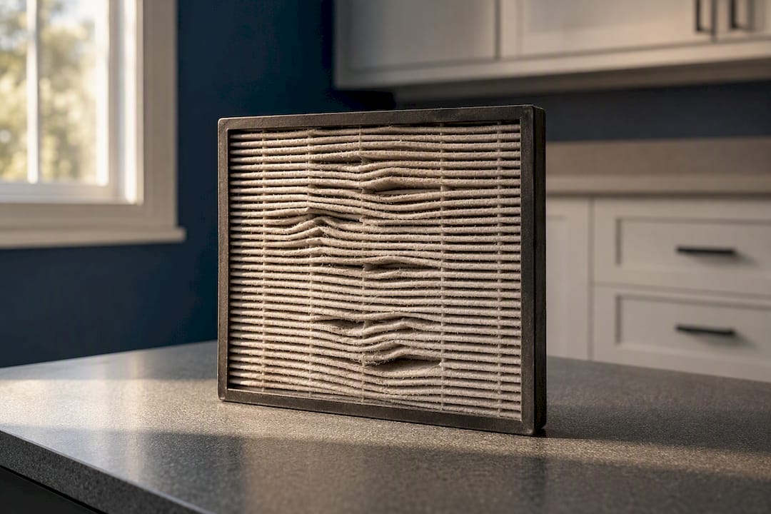 Close-up damaged air purifier HEPA filter pleats