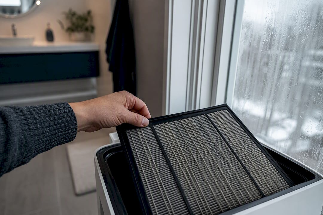 Hand inspecting air purifier filter near window
