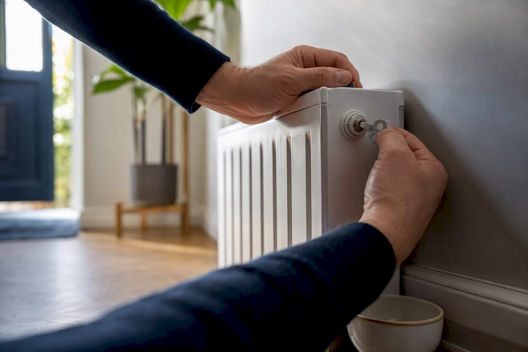 Hands bleeding a radiator with a key