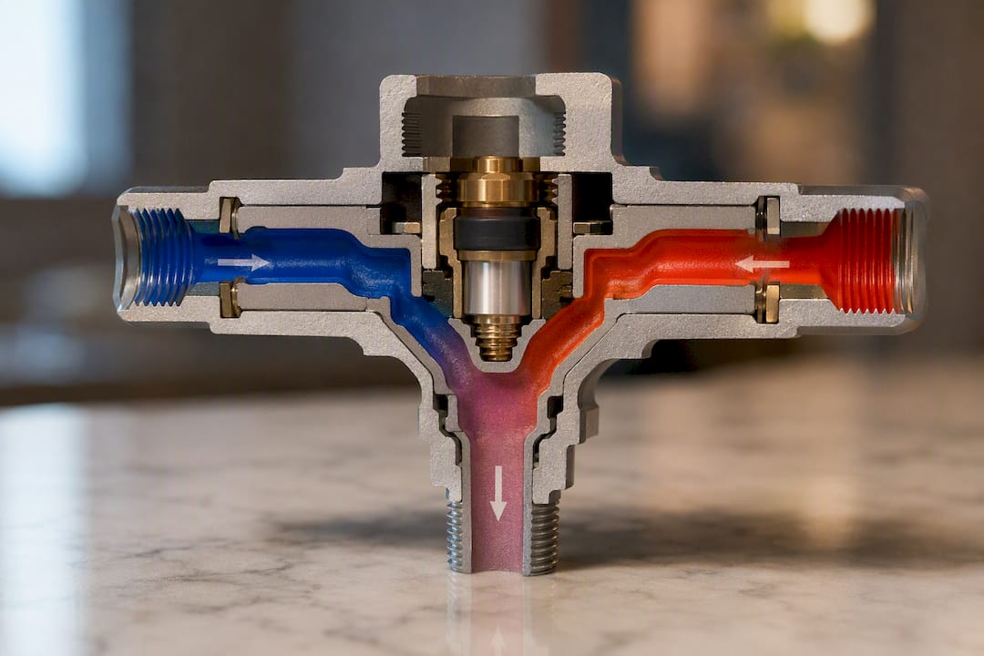 Cutaway thermostatic valve balancing water temperature