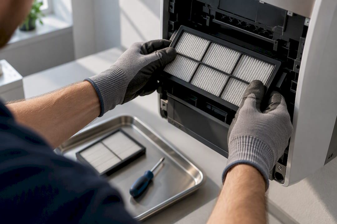 Technician replacing hand dryer filter