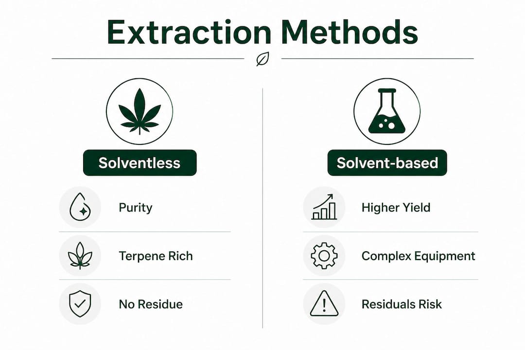 Infographic comparing solventless and solvent-based cannabis extraction methods