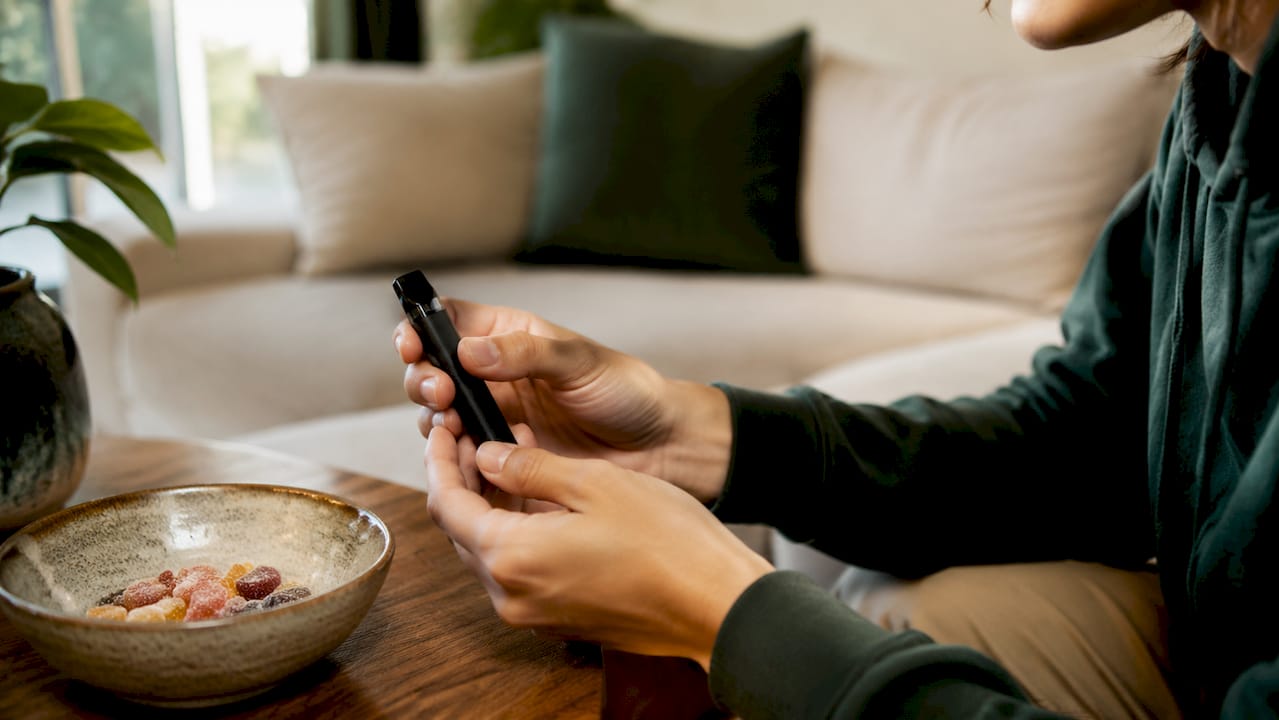Hands holding cannabis vape pen indoors