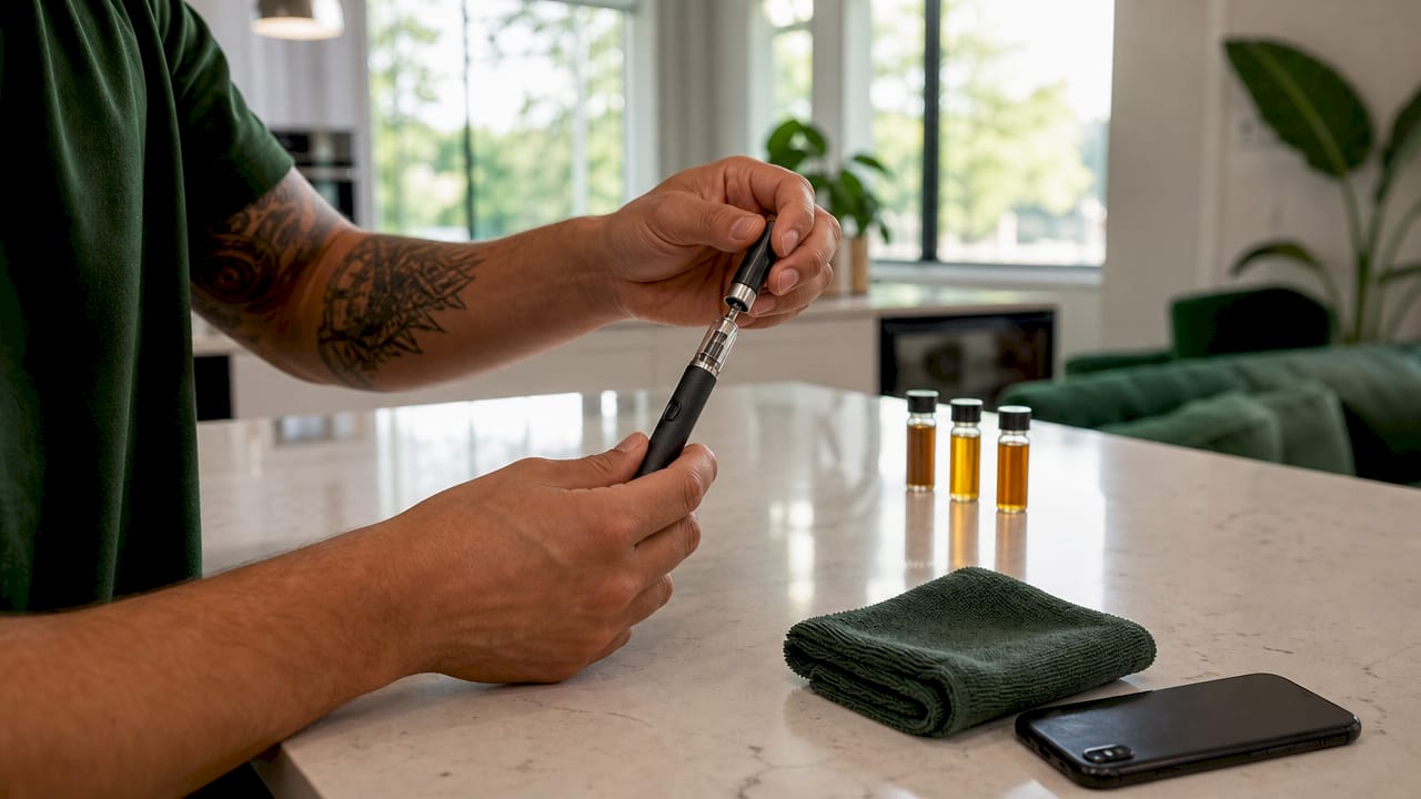 Hands assembling vaporizer with carbon filter for odor control