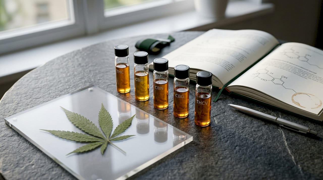 Glass vials with phytocannabinoid oils flat-lay