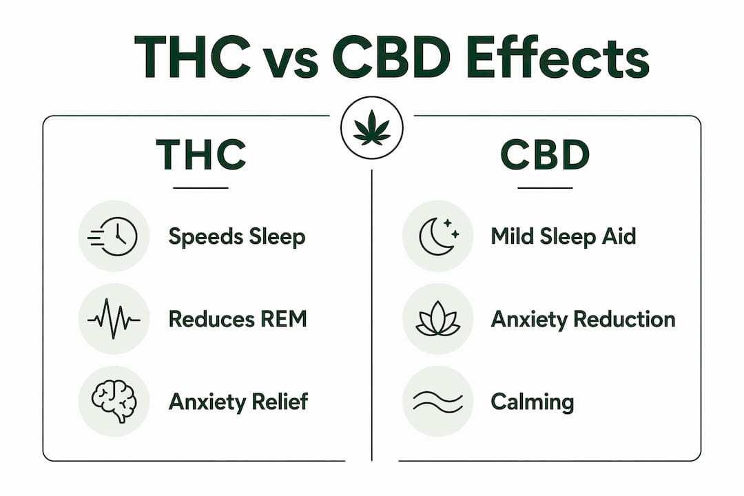 Infographic comparing THC and CBD effects on sleep