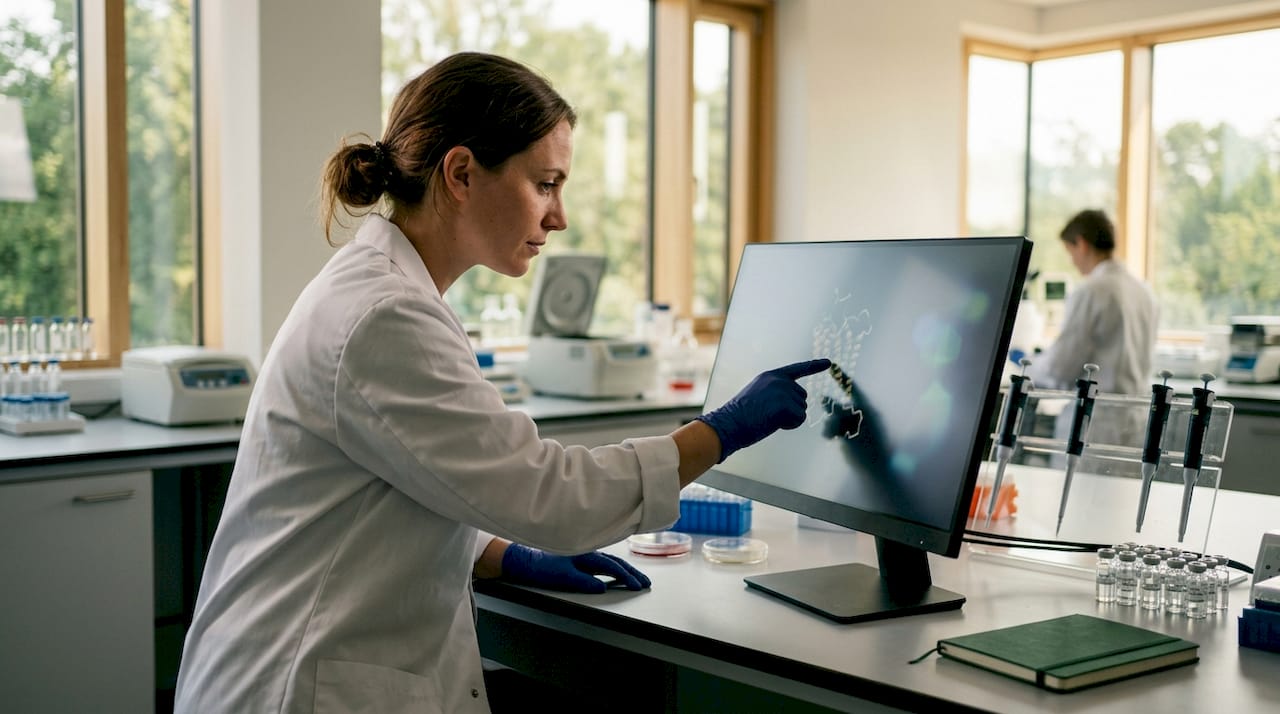 Researcher hands interacting with ECS molecular model