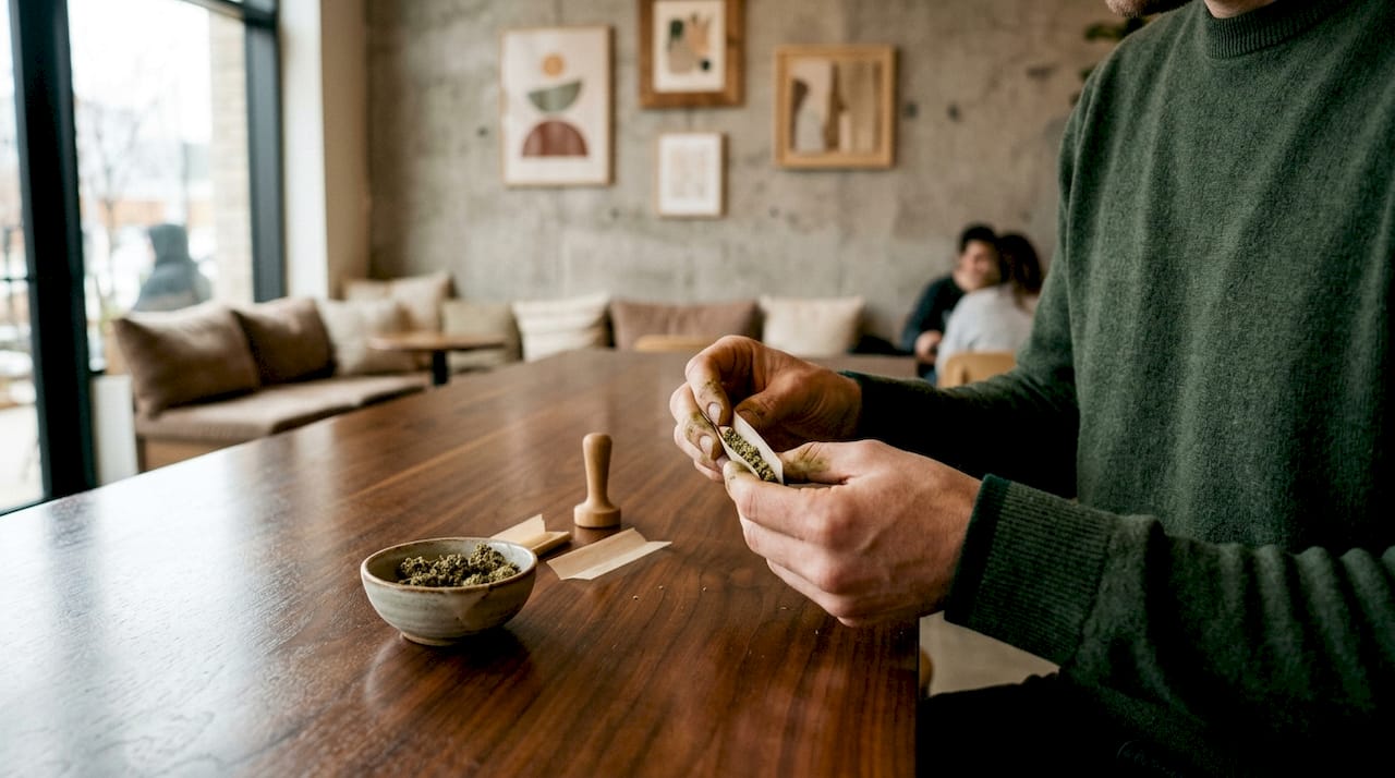 Close-up hands rolling cannabis joint indoors