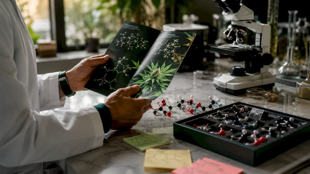 Scientist hands holding tablet and molecular models