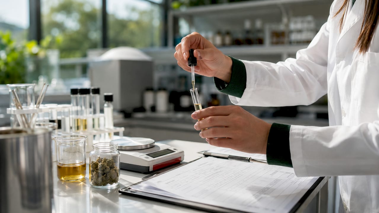 Hands filling cannabinoid profile report in lab