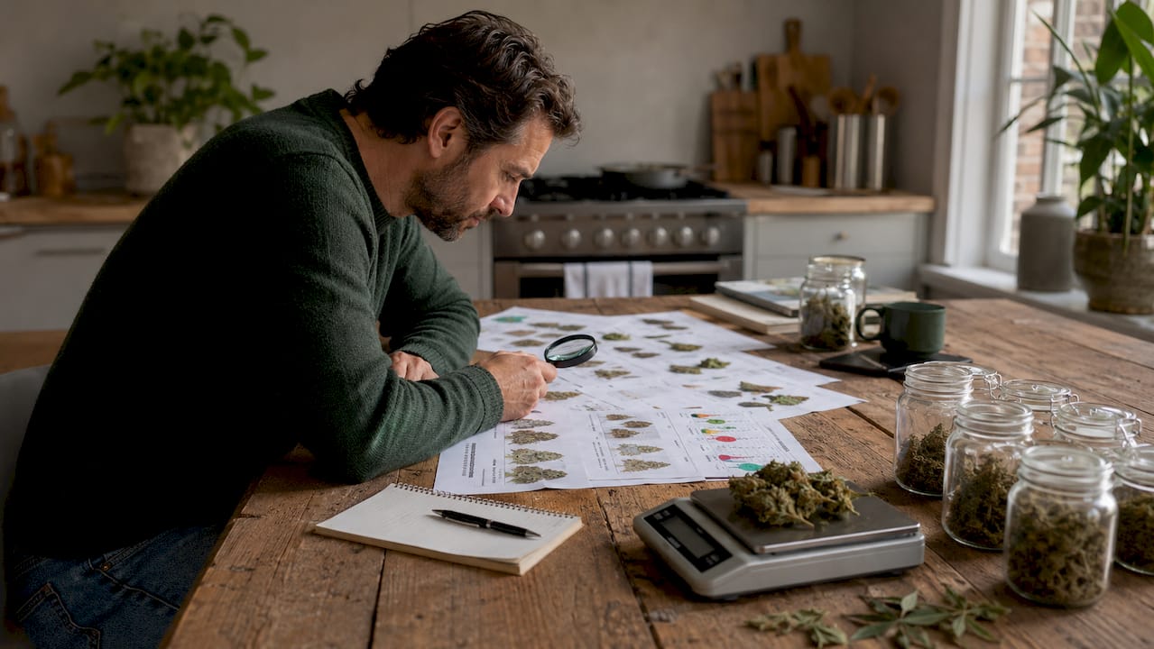 Man reviewing cannabis cultivar documents at desk