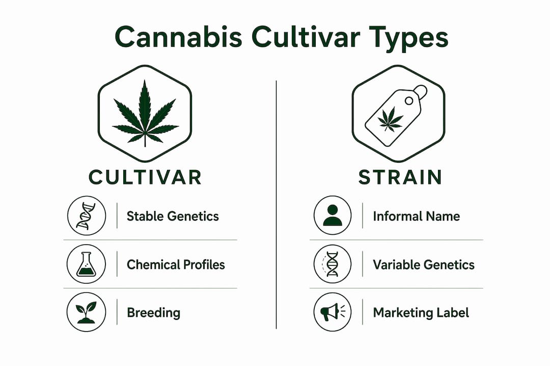 Infographic illustrating cannabis cultivars vs strains differences