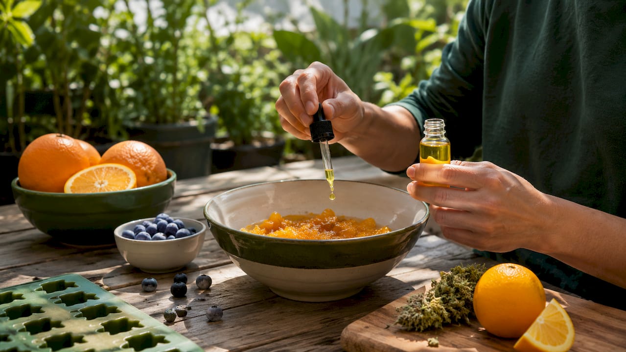 Hands adding natural flavoring to cannabis gummy mix