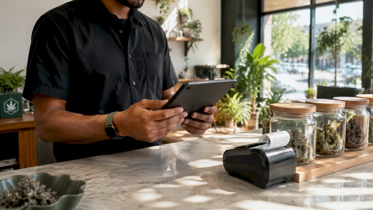 Hands using tablet to verify cannabis receipt at dispensary
