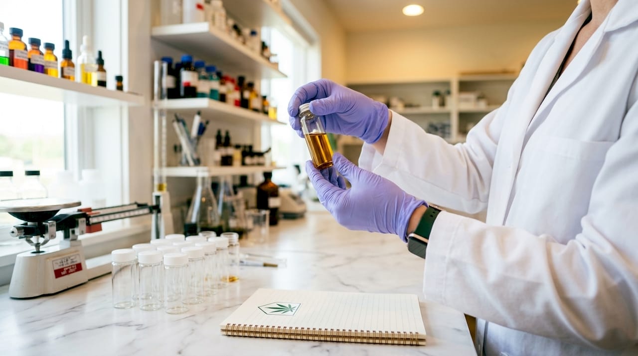 Lab technician holding cannabis oil vial in laboratory