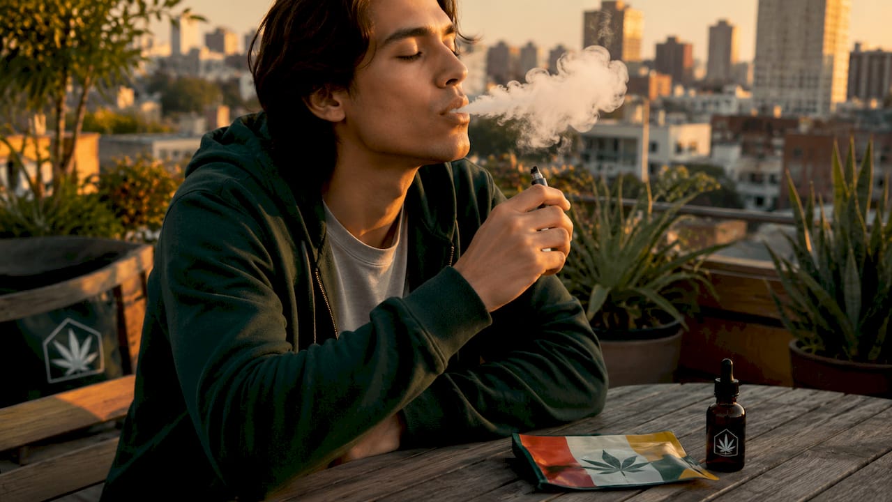 Person vaping cannabis product outdoors on bench