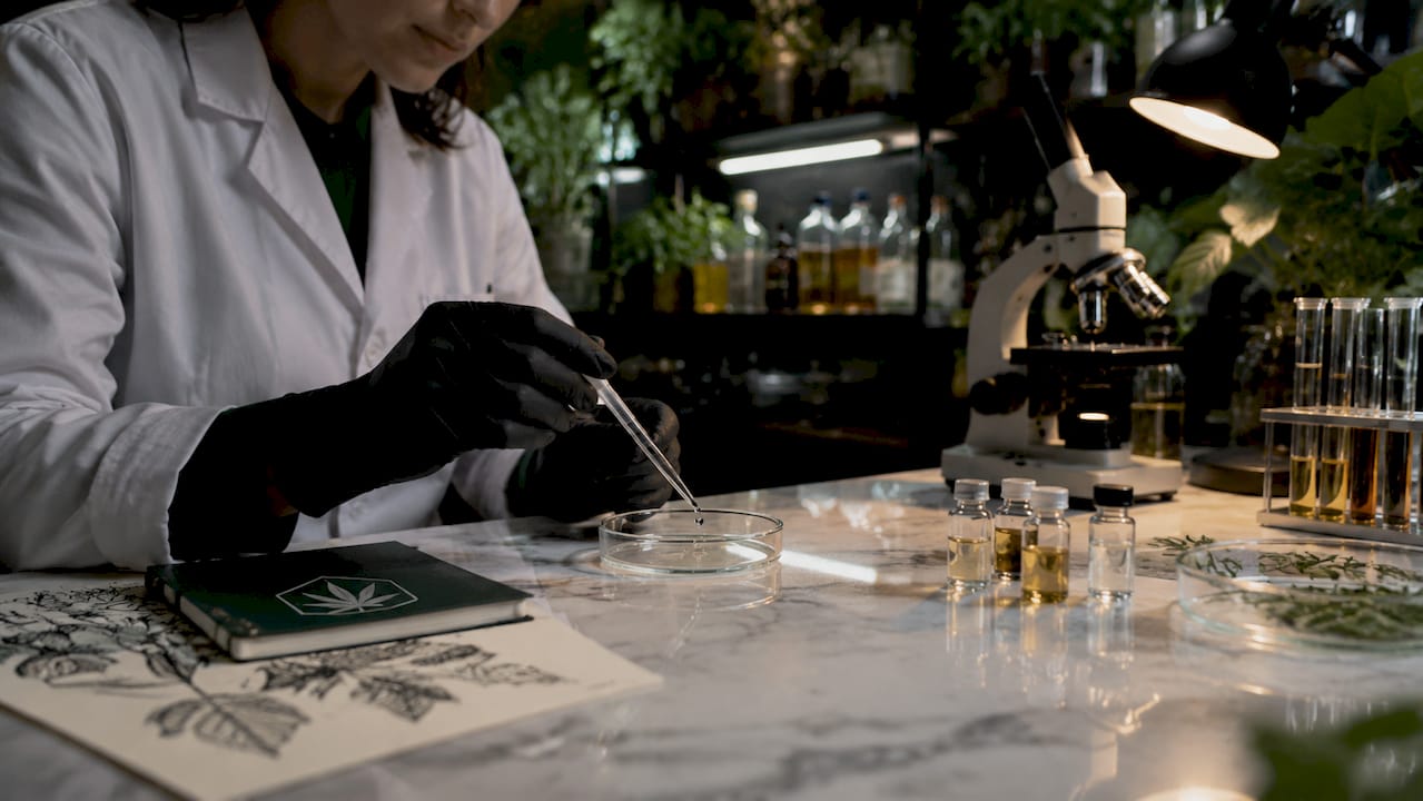 Scientist adding cannabinoid solution to petri dish