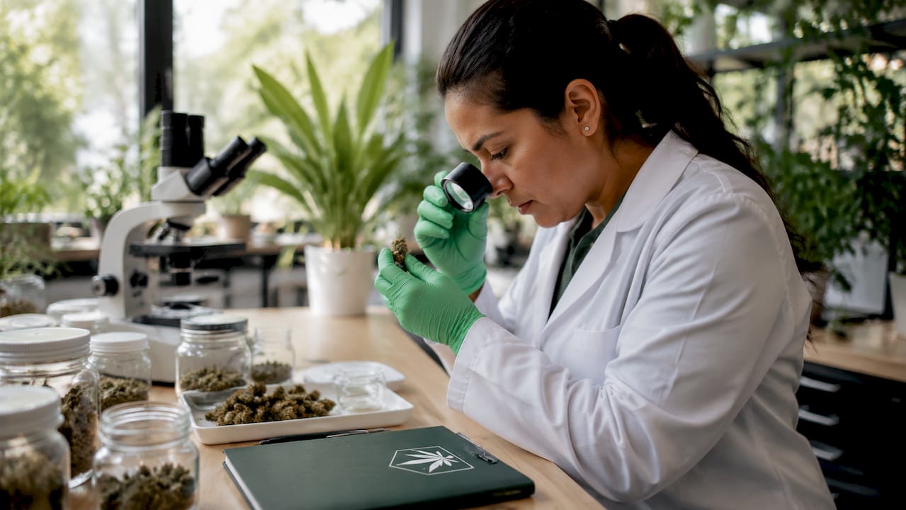 Lab technician inspecting cannabis flower sample