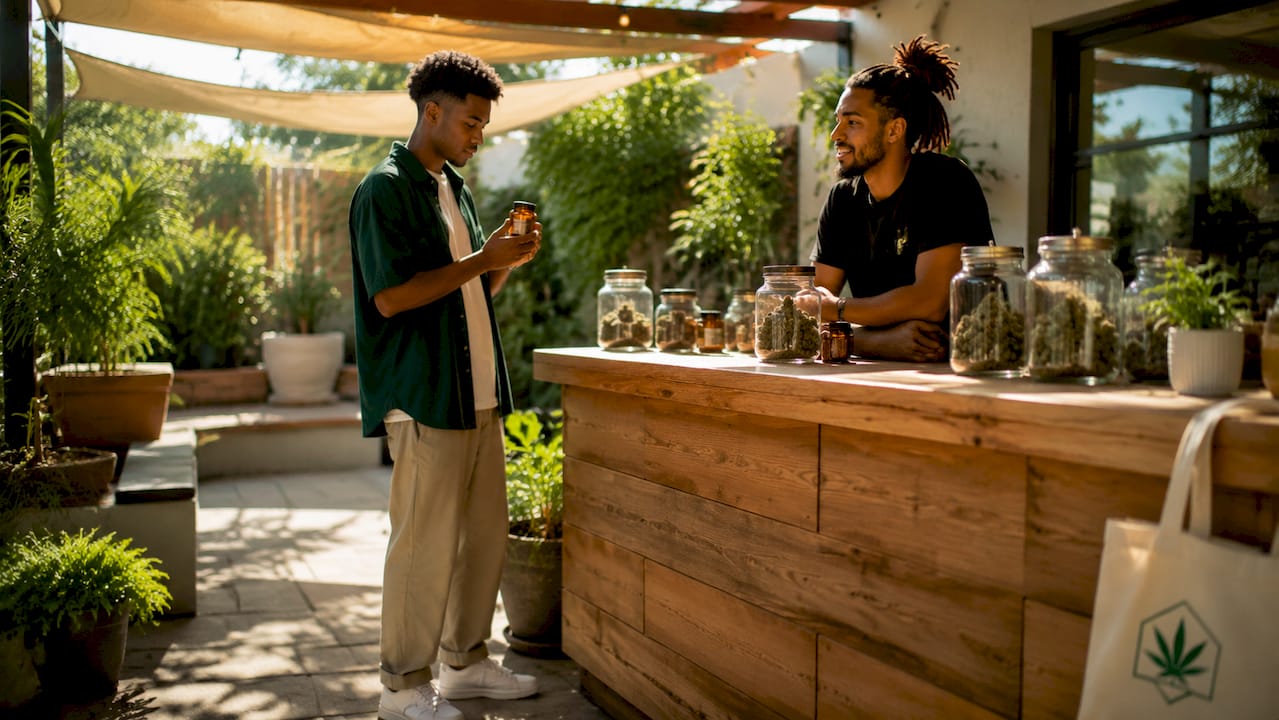 Customer inspecting cannabis product in dispensary